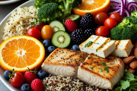 Plato con alimentos de la dieta DASH: vegetales, frutas, granos enteros, pescado y nueces, ideal para reducir ácido úrico y proteger el corazón.