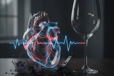 Ilustración de un corazón humano con líneas eléctricas irregulares que simulan una arritmia, junto a una copa de vino vacía.