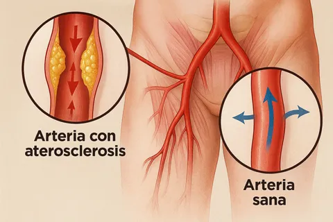 Ilustración médica de un aneurisma de aorta abdominal comparado con una aorta sana, mostrando la dilatación anormal en la sección abdominal.