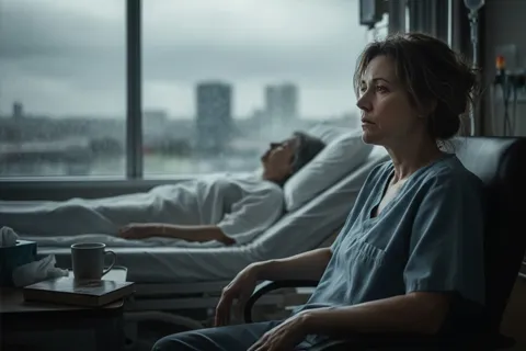 Cuidador sentado junto a la cama de un paciente con ACV, mirando por la ventana con una expresión de cansancio y soledad, representando el agotamiento emocional.