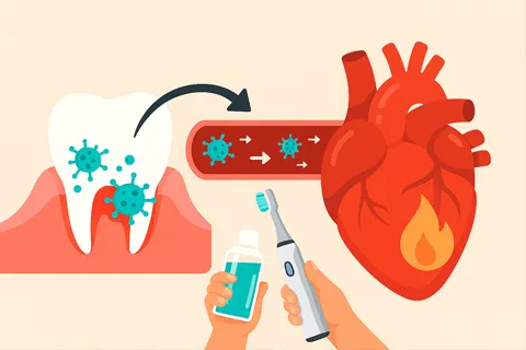 Infografía que muestra cómo las bacterias de las encías infectadas entran en el torrente sanguíneo y viajan hasta el corazón, causando inflamación en las arterias coronarias.