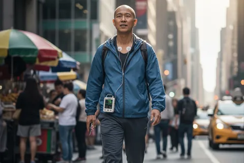 Paciente con cáncer caminando en un parque con monitor cardíaco portátil, simbolizando monitoreo y actividad durante tratamiento.