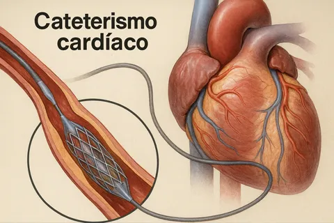 Ilustración médica de un cateterismo cardíaco mostrando el catéter avanzando por la arteria hacia el corazón, con stent desplegado en una arteria coronaria.