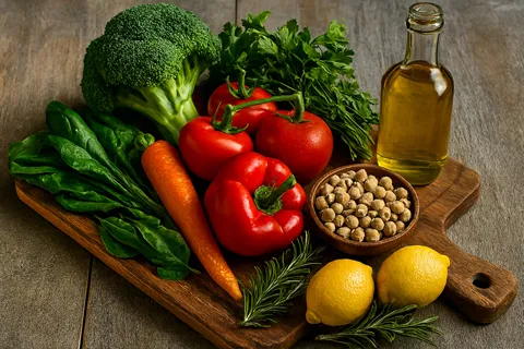 Mesa con ingredientes frescos cardiosaludables: vegetales coloridos, legumbres, aceite de oliva, hierbas y limones, dispuestos sobre una tabla de madera.