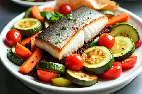 Plato colorido con pescado al papillote, arroz integral y verduras asadas, servido en vajilla blanca.