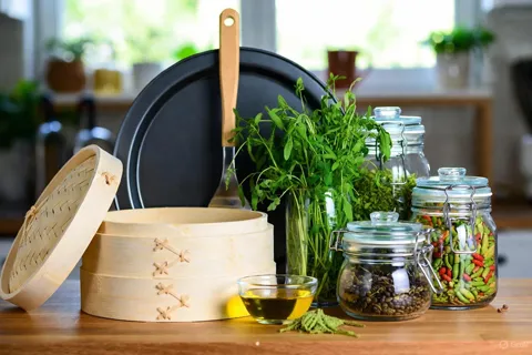 Cocina ordenada con utensilios cardiosaludables: vaporera de bambú, bandeja de horno, hierbas frescas en tarros de vidrio y aceite de oliva.