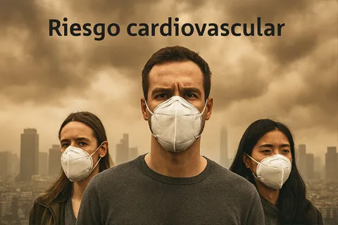 Cielo contaminado sobre ciudad con personas usando mascarillas, simbolizando riesgo cardiovascular por mala calidad del aire.