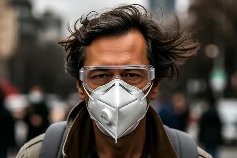 Persona usando mascarilla N95 caminando en ciudad con cielo gris por contaminación, protegiendo su salud cardiovascular.