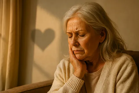 Mujer mayor con la mano en la mandíbula, expresión de malestar, representando síntomas atípicos de infarto en mujeres.