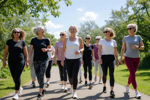 Grupo de mujeres caminando juntas en un parque soleado, promoviendo actividad física y apoyo comunitario para la salud del corazón.