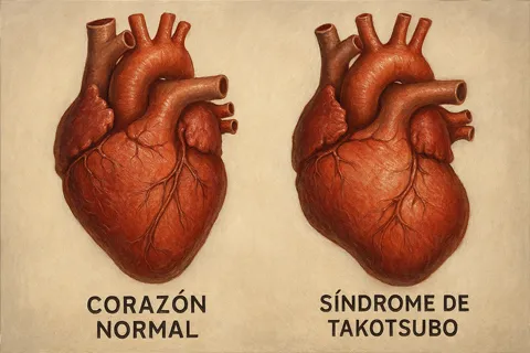 Ilustración comparativa del corazón normal frente al corazón con síndrome de Takotsubo, mostrando la dilatación apical característica.