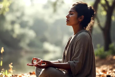 Persona meditando en un entorno tranquilo, representando la gestión del estrés emocional para proteger la salud cardíaca.