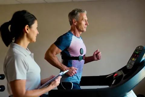 Persona participando en un programa de rehabilitación cardíaca, caminando en una cinta con supervisión de un fisioterapeuta.