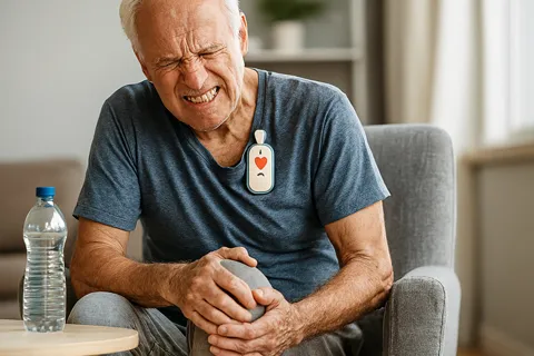 Persona mayor con dispositivo cardíaco portátil, sentada en una silla, masajeándose la rodilla con expresión de dolor, simbolizando el conflicto entre salud cardíaca y dolor crónico.