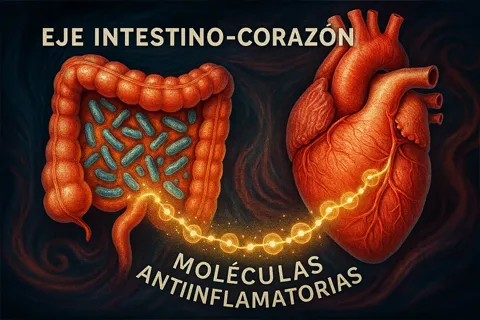 Ilustración conceptual del eje intestino-corazón: intestino con bacterias saludables conectado al corazón mediante señales moleculares antiinflamatorias.