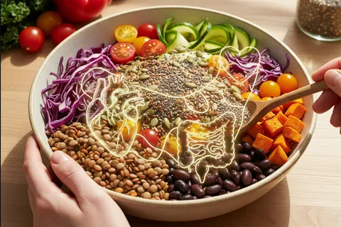 Persona preparando un bowl colorido con legumbres, vegetales y semillas, representando una dieta rica en fibra para el eje intestino-corazón.