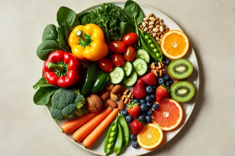 Plato colorido con vegetales frescos, nueces, legumbres y frutas, representando una dieta rica en potasio y magnesio y baja en sodio.