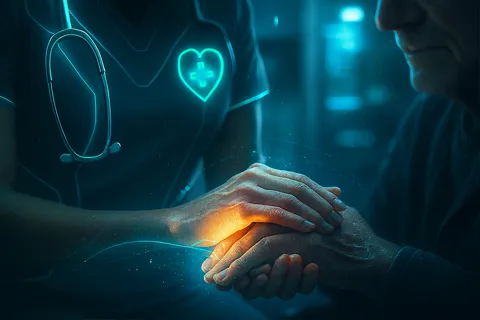 Manos de una enfermera de cuidados paliativos sosteniendo suavemente las manos de un paciente anciano, simbolizando compasión y apoyo.