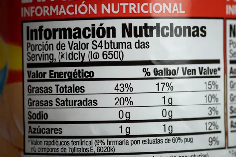 Primer plano de una etiqueta nutricional con énfasis en sodio, azúcares añadidos y grasas saturadas, mostrando cómo identificar información crítica para la salud cardíaca.