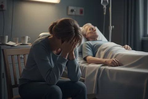 Cuidador sentado en una silla junto a la cama de un paciente, con la cabeza entre las manos, expresando agotamiento y estrés emocional.