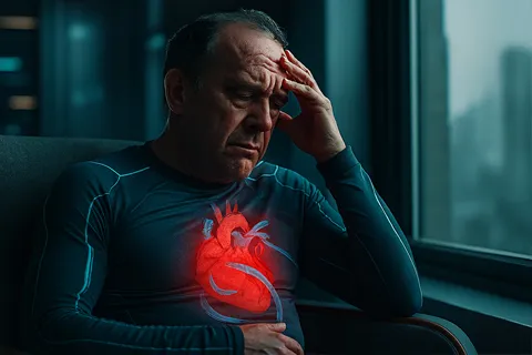 Persona con insuficiencia cardíaca sentada en una silla, mirando por la ventana con expresión de cansancio y frustración, representando la fatiga crónica.