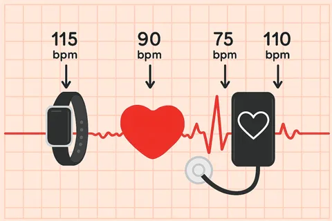 Ejemplo de ECG con fibrilación auricular: ausencia de ondas P, línea de base irregular, complejos QRS de morfología normal con intervalo R-R irregular; anotaciones que muestran frecuencias ventriculares variables.