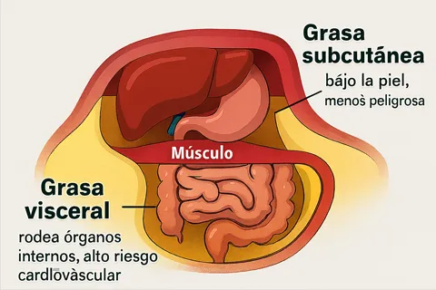 Ilustración comparativa que muestra la ubicación de la grasa visceral (alrededor de los órganos abdominales) versus la grasa subcutánea (debajo de la piel).