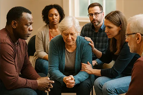 Grupo de apoyo para cuidadores reunidos en un círculo, compartiendo y escuchando con empatía.