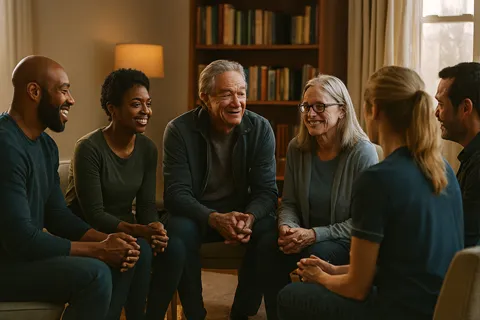 Grupo de apoyo para cuidadores reunidos en un círculo, compartiendo experiencias y apoyándose mutuamente en un ambiente cálido y acogedor.