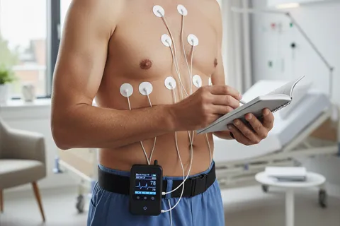 Persona usando un monitor Holter cardíaco, con electrodos en el pecho y el dispositivo en el cinturón, caminando tranquilamente en un parque.