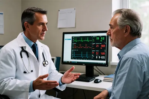 Médico explicando los resultados de un monitor Holter a un paciente mayor en una consulta cardiológica.