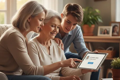 Familia ayudando a un adulto mayor a configurar una tableta para su consulta virtual con el cardiólogo, simbolizando el apoyo y la inclusión digital.