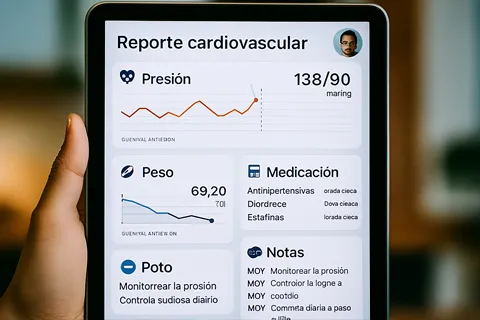 Interfaz digital mostrando un reporte cardiovascular con gráficos de presión, peso, medicación y notas del equipo multidisciplinario.