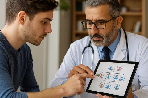 Joven en una consulta médica, mostrando un árbol genealógico en su tableta a un cardiólogo, representando la discusión de la historia familiar y el plan de screening.