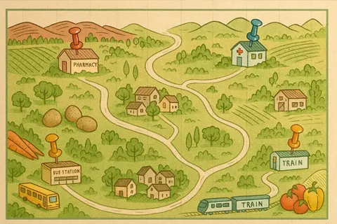 Mapa comunitario grande en una pared, con alfileres marcando recursos locales (clínicas, farmacias, centros de transporte) en una zona rural, simbolizando la organización comunitaria.