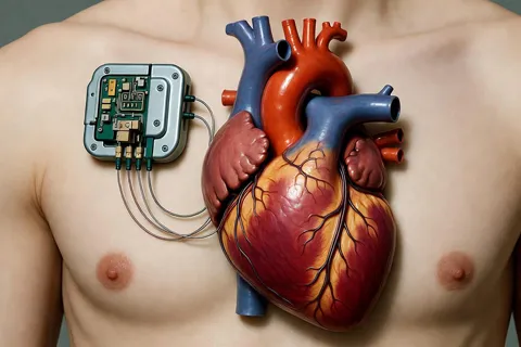 Ilustración médica de un corazón humano con un marcapasos implantado en el tórax, mostrando los cables conectados al músculo cardíaco.