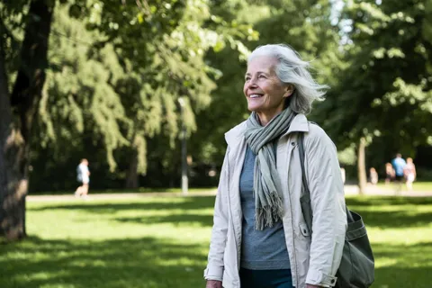 Persona mayor caminando feliz por un parque, representando una vida activa y saludable después de la implantación de un marcapasos.