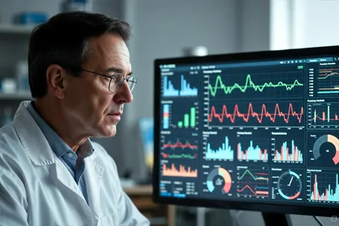 Técnico médico revisando datos de un dispositivo cardíaco en una computadora, representando el monitoreo remoto.