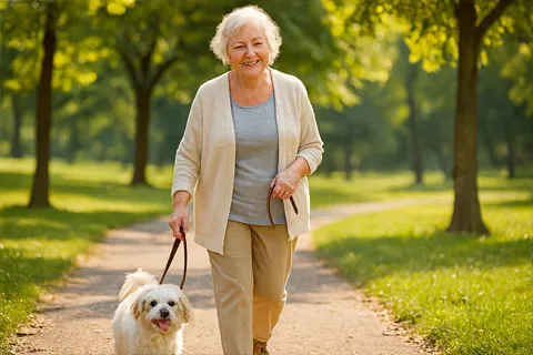 Persona mayor caminando con un perro pequeño en un parque soleado, sonriendo y luciendo relajada.