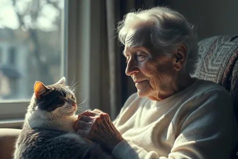 Gato acurrucado en el regazo de una persona mayor, que lo acaricia con ternura en un sillón junto a una ventana.