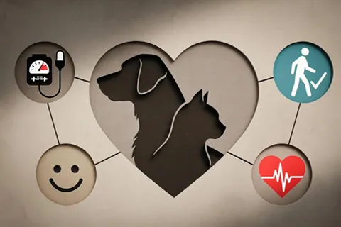 Infografía minimalista: corazón con silueta de perro y gato, con íconos de presión arterial baja, caminata, sonrisa y ritmo cardíaco estable.