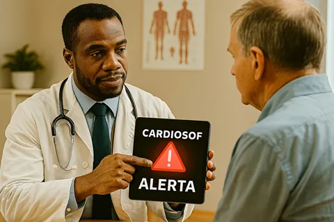 Médico revisando una alerta generada por un sistema de IA predictiva en una tableta, mientras habla con un paciente en una consulta.