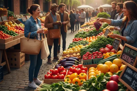 Mercado local con frutas y verduras frescas, representando alimentación sostenible y cardiosaludable.