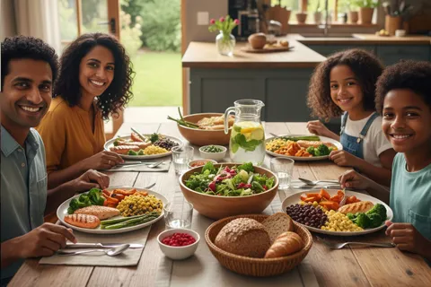 Familia diversa sonriendo y compartiendo una comida saludable en una mesa, con platos llenos de vegetales, proteínas magras y granos enteros.