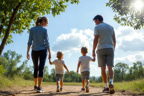 Familia caminando juntos en un parque, padres con hijos pequeños, promoviendo actividad física y tiempo en la naturaleza como parte de la prevención cardiovascular infantil.