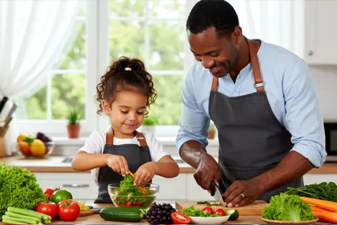 Niño y padre preparando juntos una ensalada saludable en la cocina, fomentando hábitos alimenticios positivos desde la infancia.