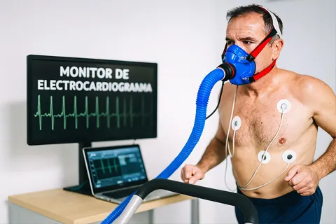 Paciente realizando una prueba de esfuerzo en cinta rodante con monitores ECG y máscara para análisis de gases respiratorios.
