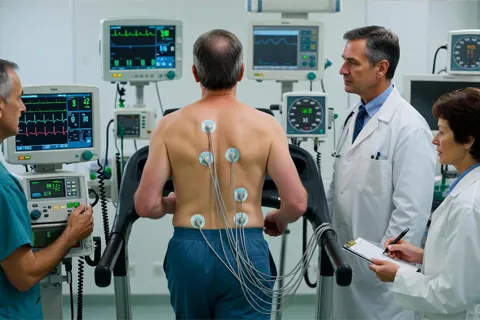 Equipo médico supervisando a un paciente durante una prueba de esfuerzo en cinta rodante con monitores ECG visibles.