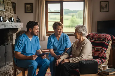 Equipo médico comunitario (enfermera y trabajador social) visitando a una persona mayor en su hogar rural, revisando signos vitales y conversando con empatía.