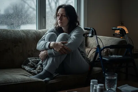 Persona sentada en un sofá, mirando por la ventana con expresión de tristeza y aislamiento, representando la depresión en el contexto de una enfermedad crónica.